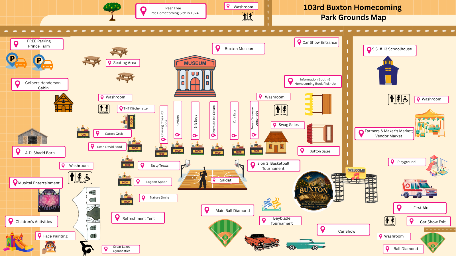 Map of the North Buxton Community Park for the 103rd Homecoming, showing the main and back ball diamonds, the refreshment tent, the marketplace and pavilion, the basketball court, the museum, log cabin and schoolhouse, the church, the car show area, washrooms and parking.